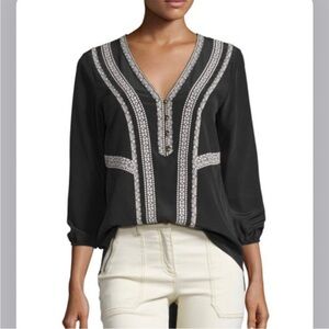 Veronica Beard Loreto Embroidered Silk Blouse Vneck Black Pleated Shirt Sz 6